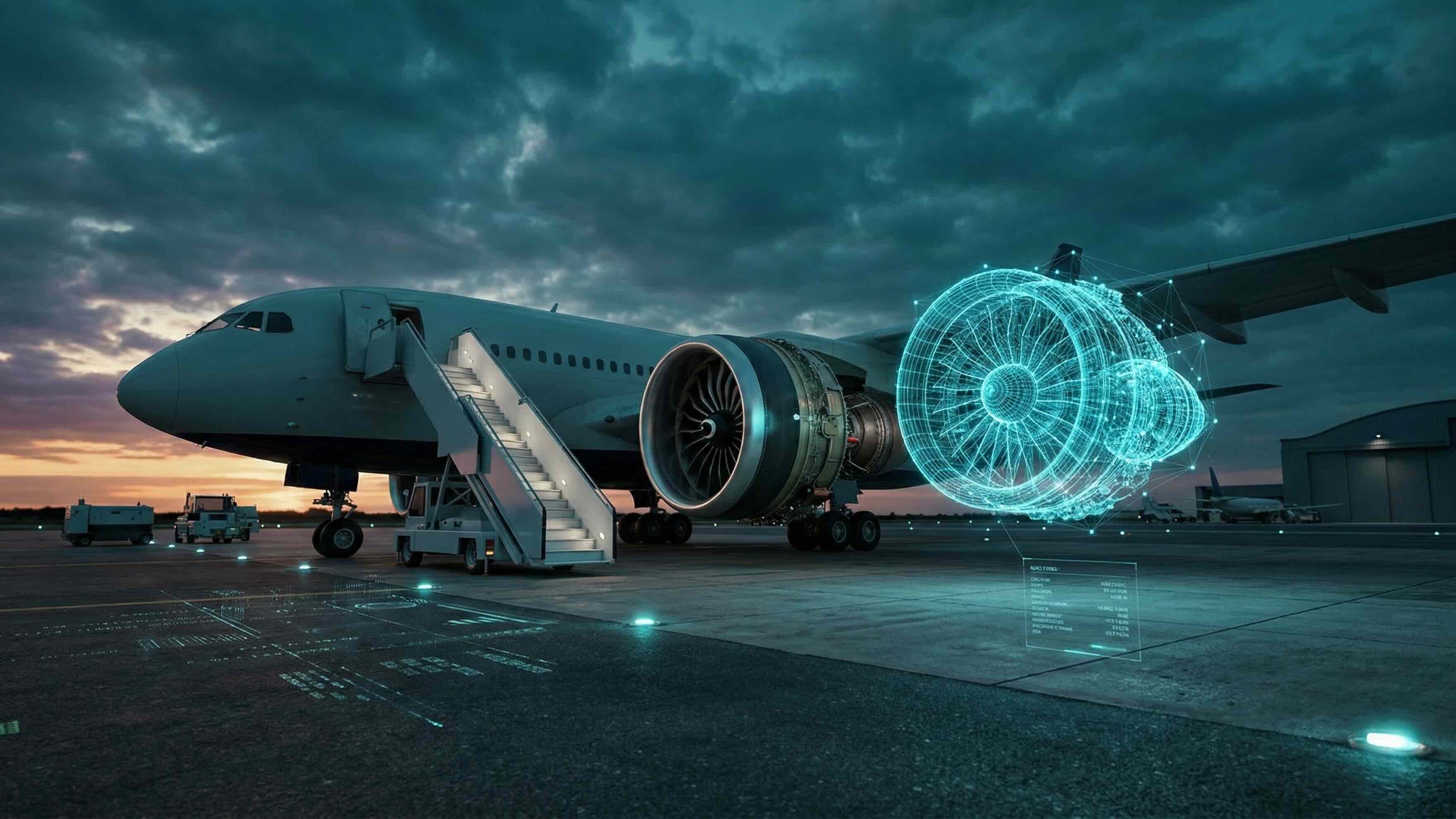 Futuristisches Digital-Twin-Flugzeug auf dem Rollfeld mit sichtbarem Drahtgittermodell (Wireframe) der Turbine